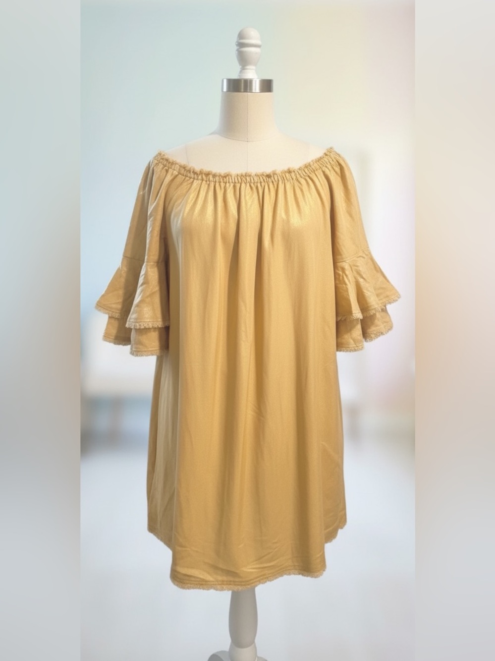 Boston Proper Gold Off-Shoulder Ruffle-Sleeve Dress